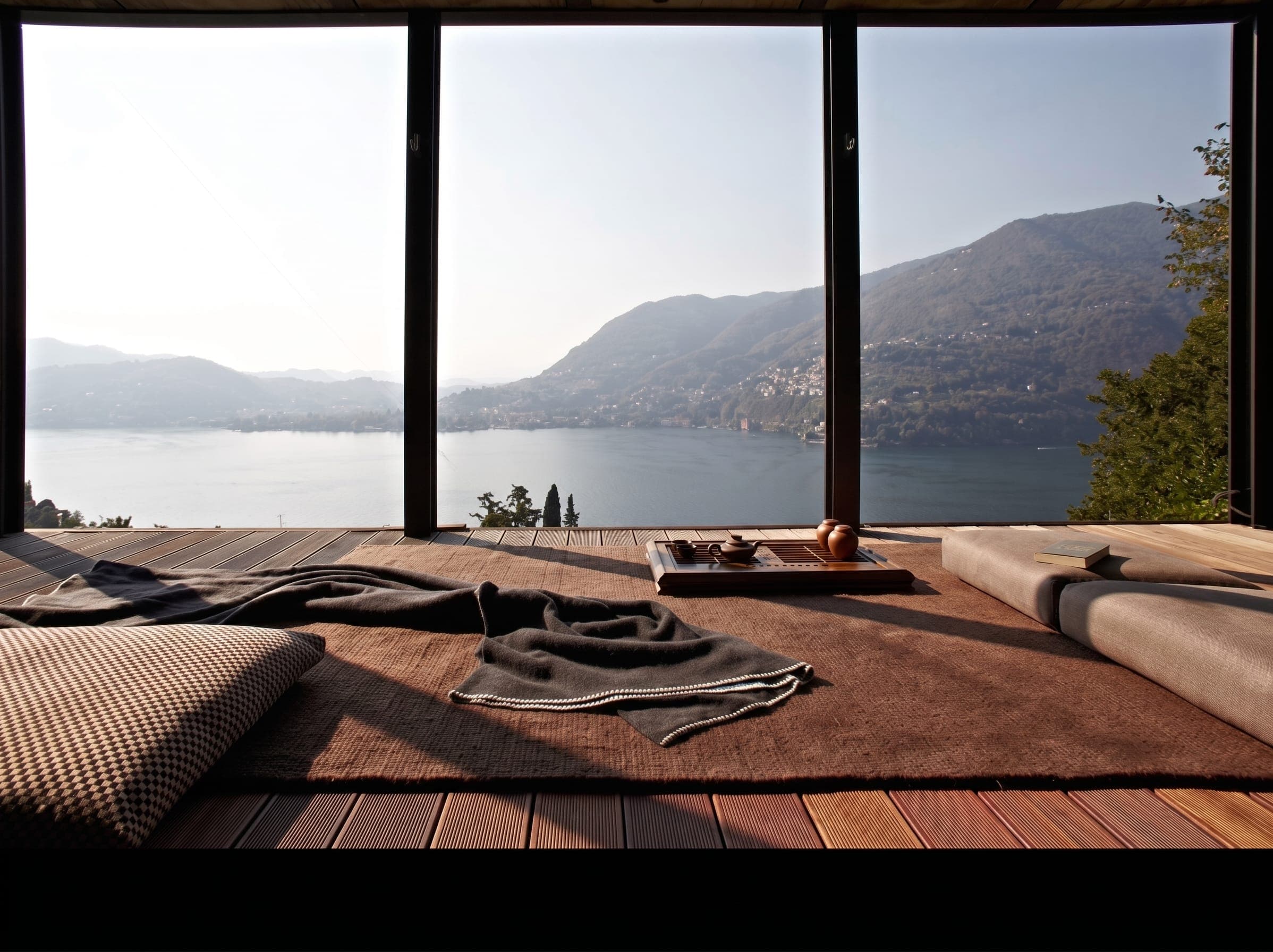 Zona relax con pavimento in legno e vetrate panoramiche a tutta altezza sul lago