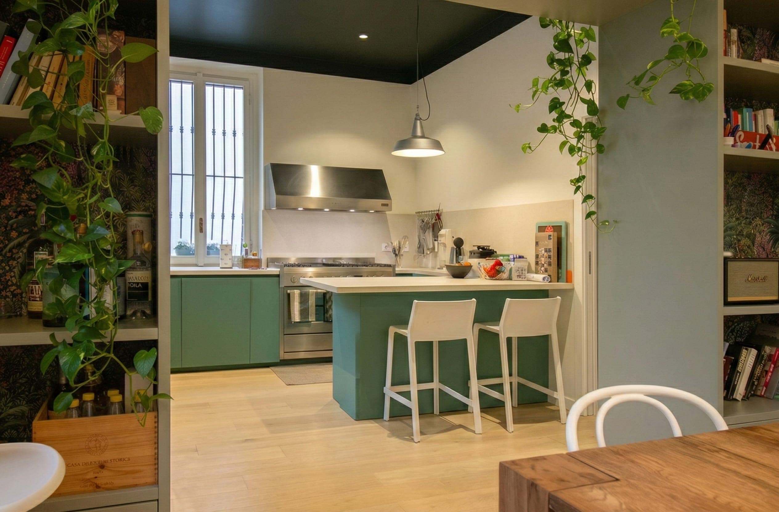 Cucina con ante verdi, isola con sgabelli, soffitto scuro e piante rampicanti
