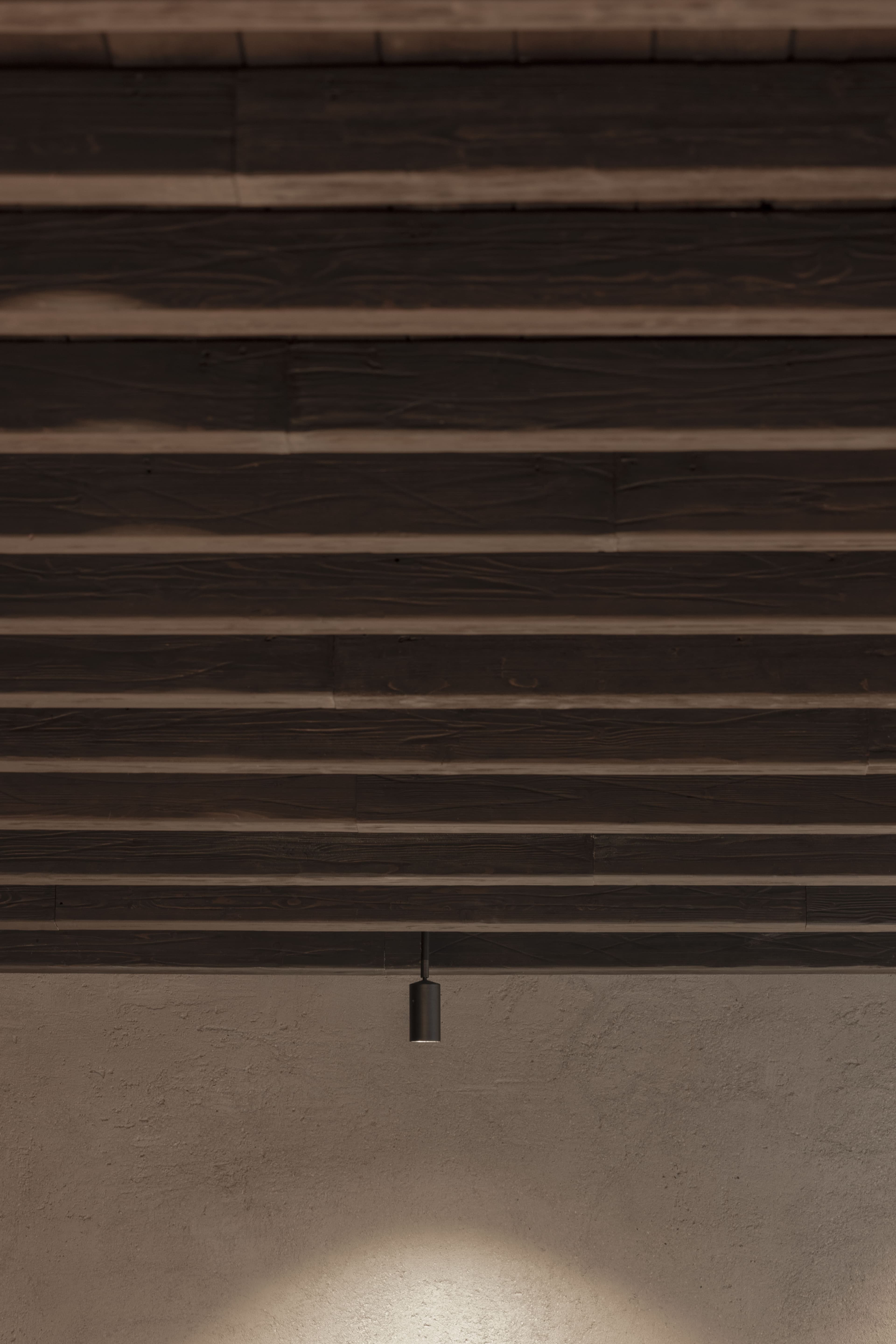 Soffitto con travi di legno a vista e faretto integrato
